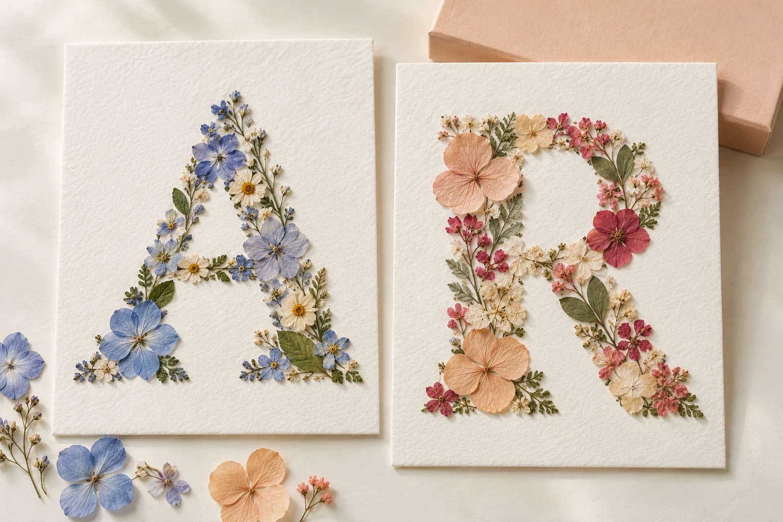 Pressed flowers arranged as the initials A and R on paper