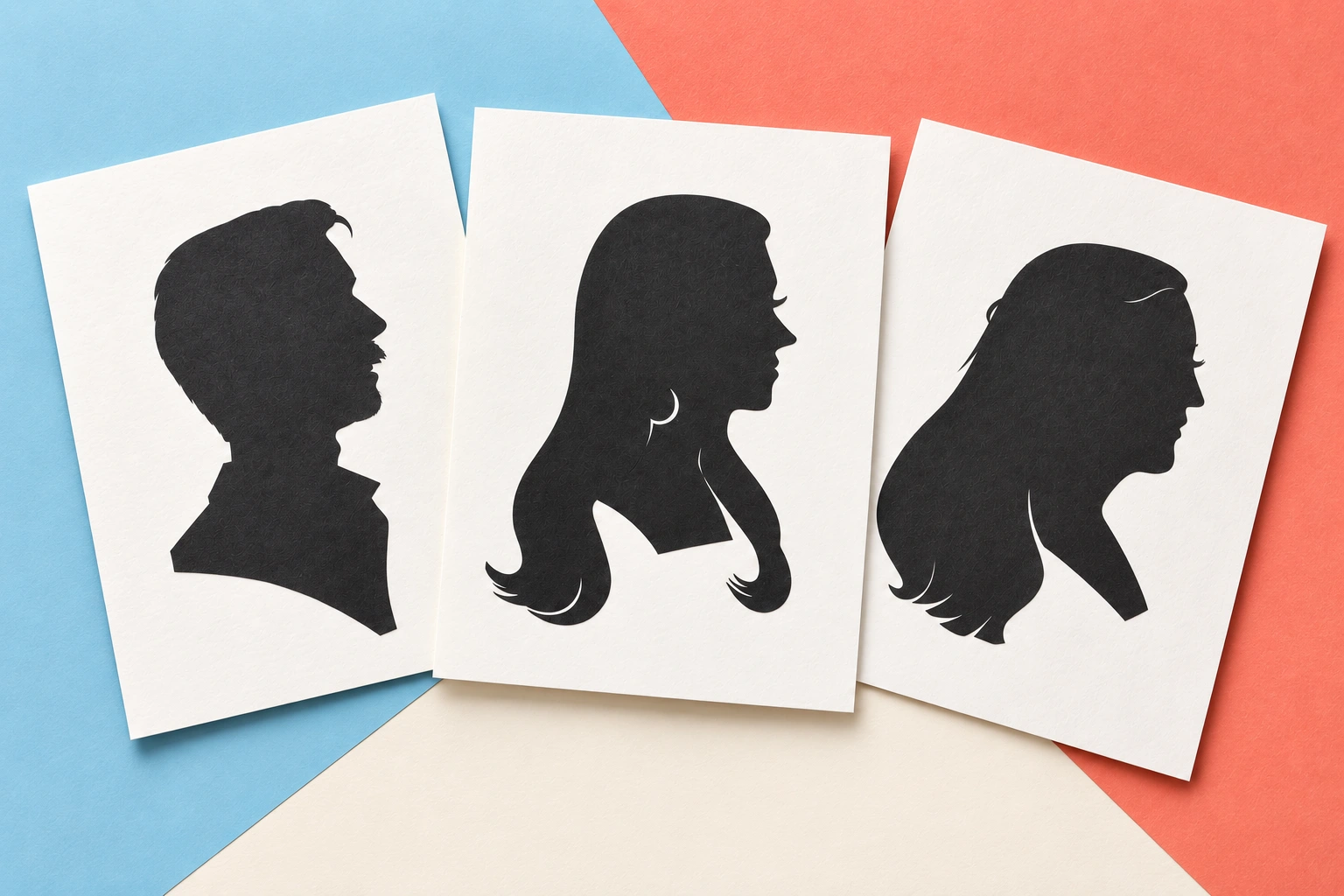 Three classic black profile silhouettes on white cards