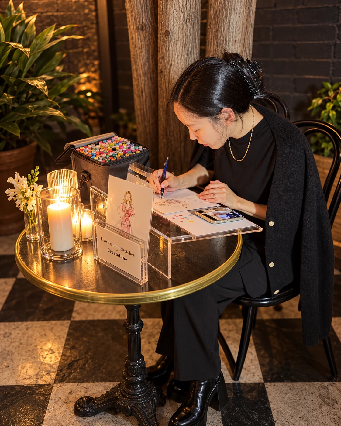 Artist drawing a fashion sketch on paper at an event
