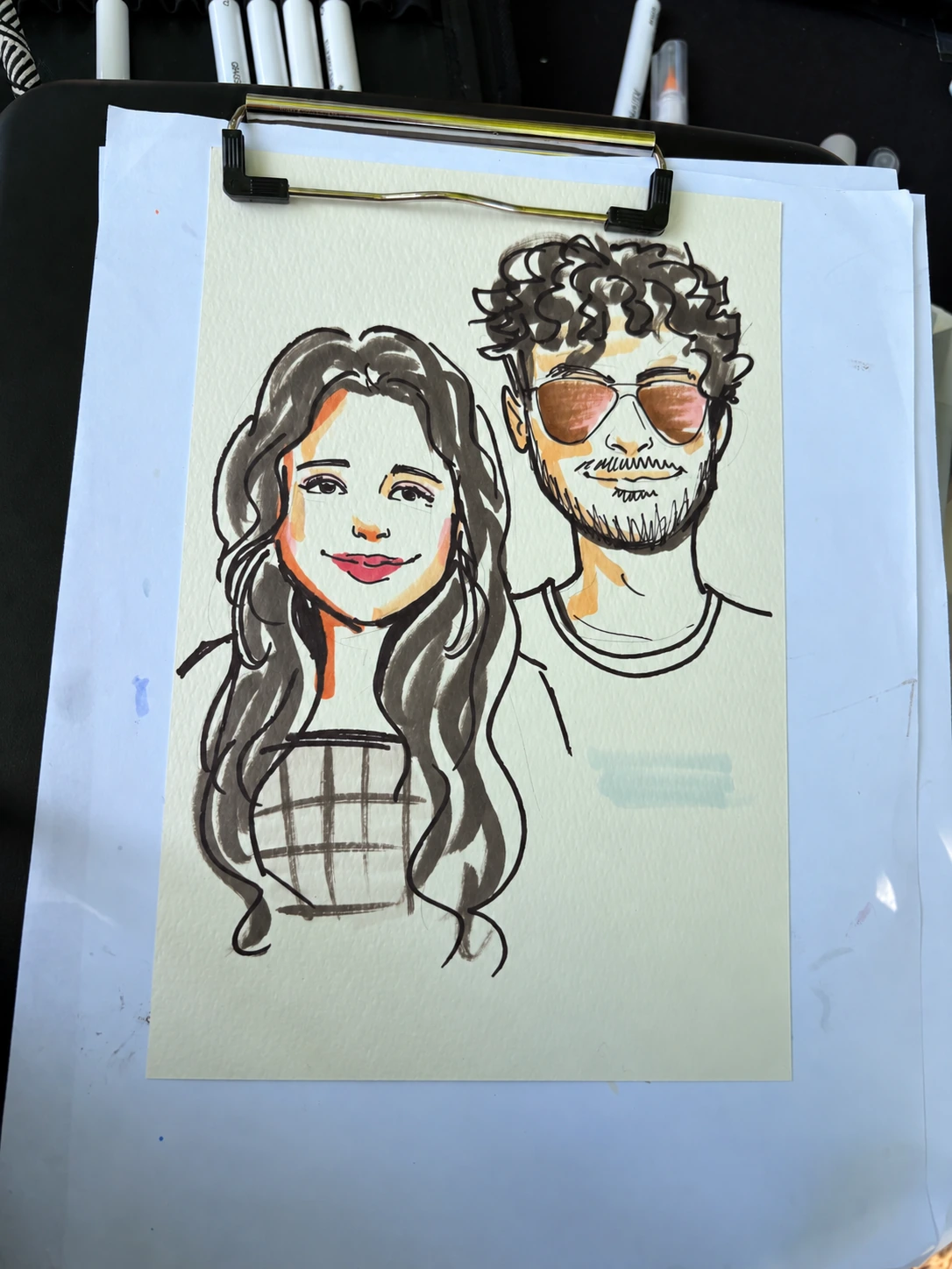 Hand-drawn couple portrait with curly hair and sunglasses