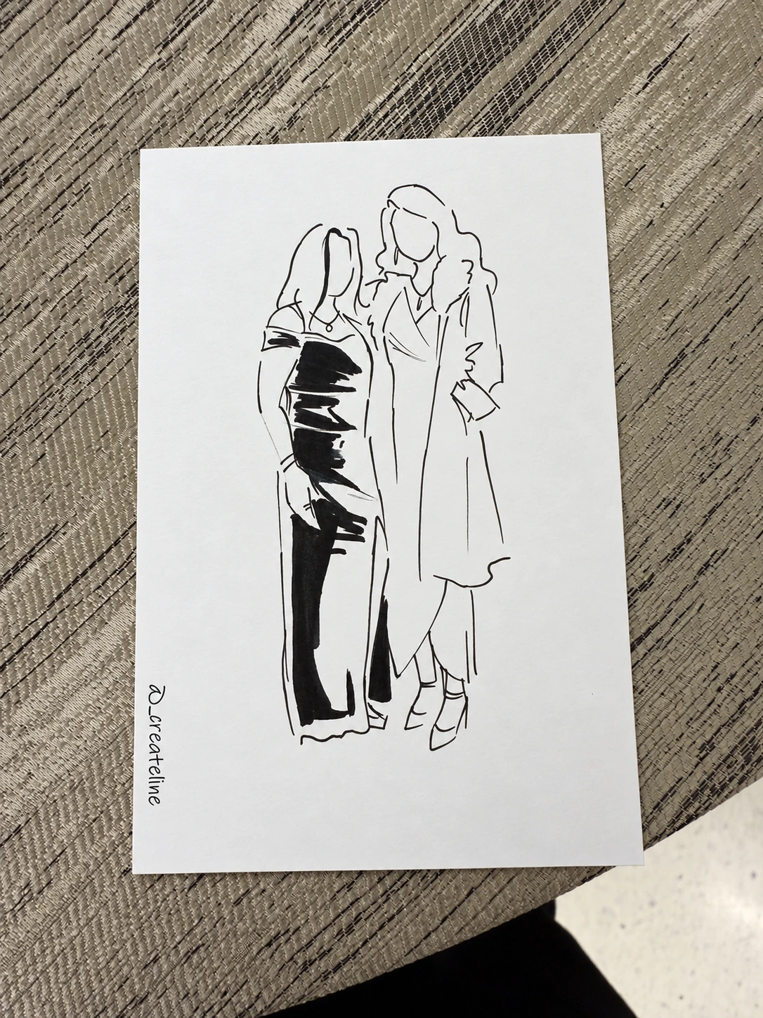 Minimal black-and-white paper fashion sketches of two women in dresses