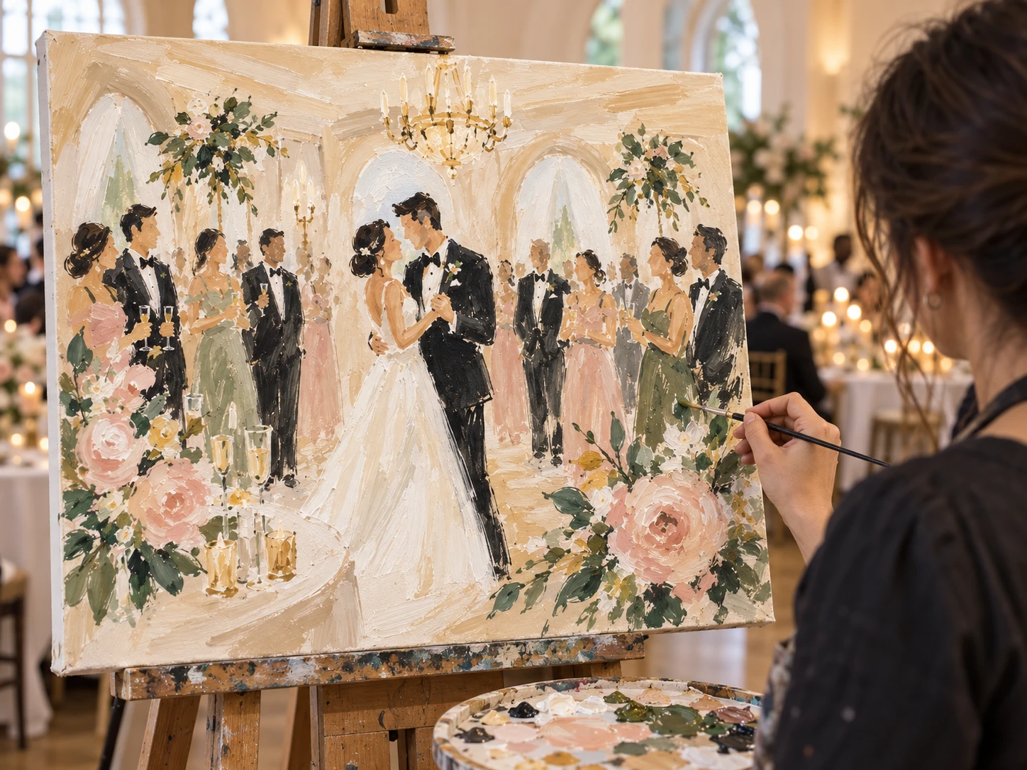 Artist at an easel painting a wedding couple surrounded by their celebration
