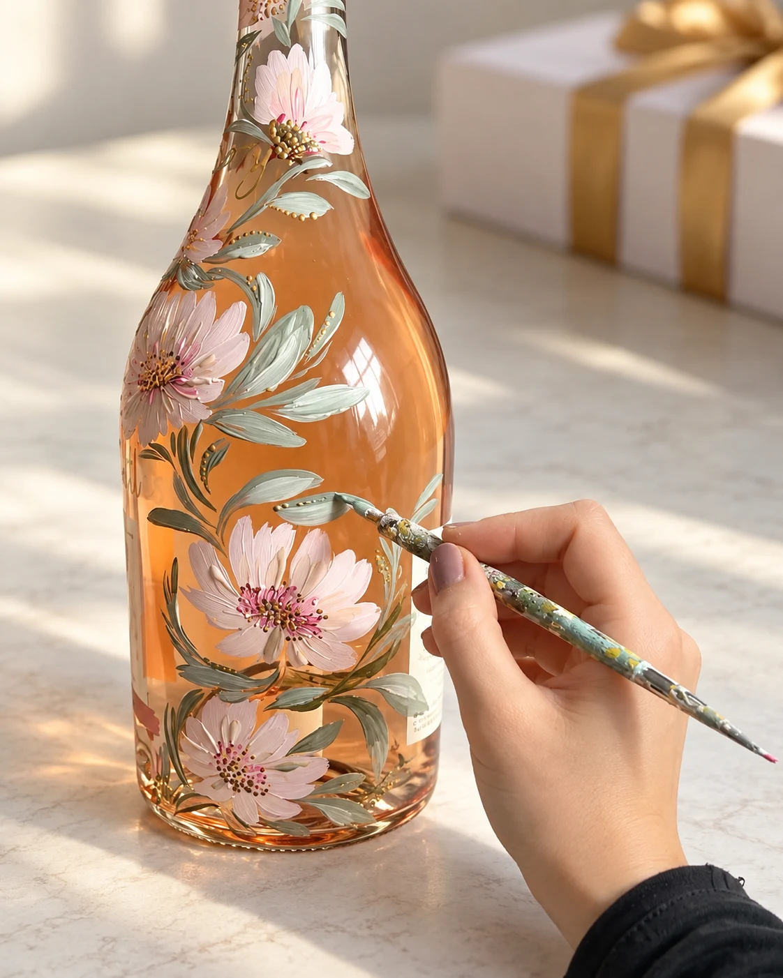 Rosé bottle personalized with delicate hand-painted pink flowers