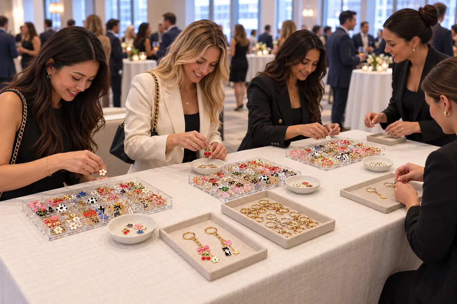 Guests choosing enamel and metal charms at a keychain bar