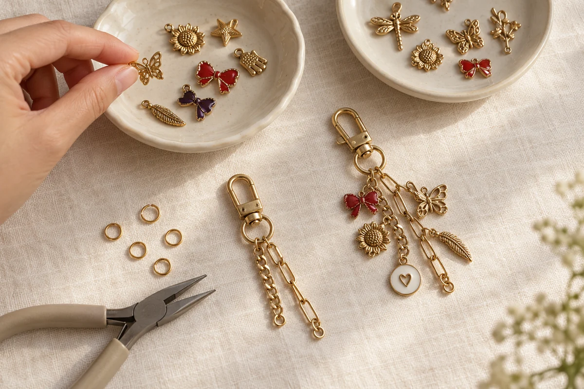 Hands choosing gold-tone charms for a keychain