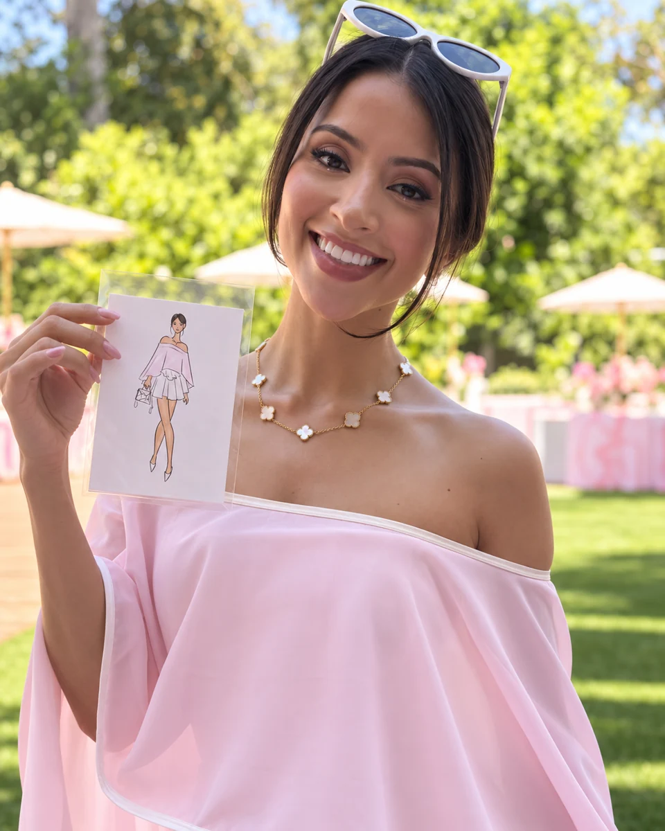 Guest holding a clear digital fashion sketch in a pink cape outfit