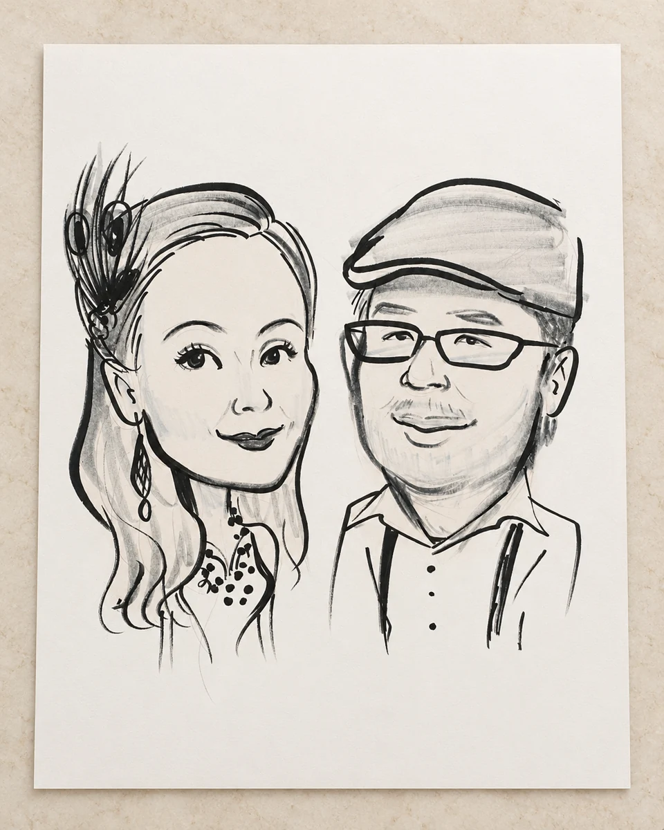 Black-and-white hand-drawn couple portrait with a cap and glasses