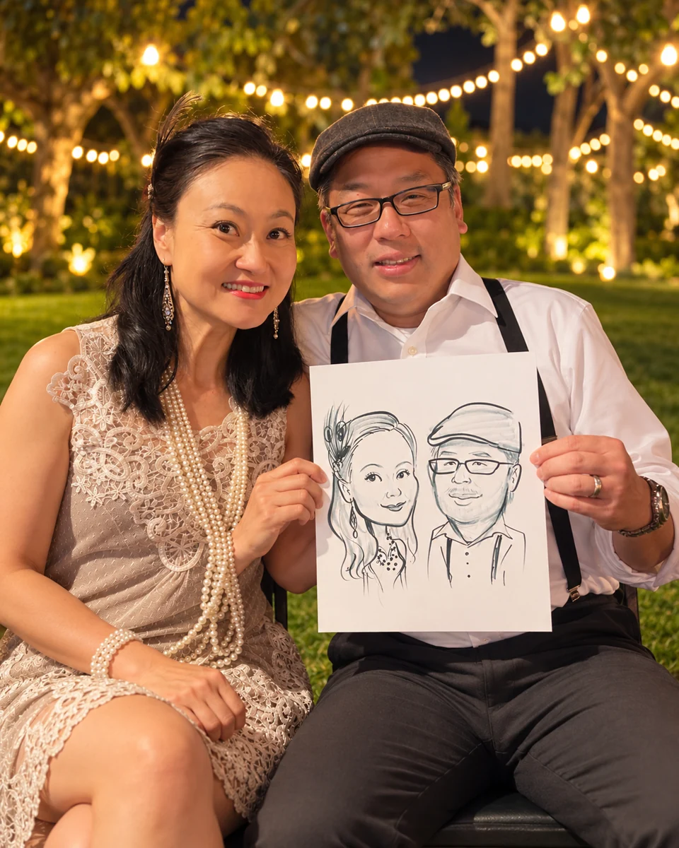 Couple holding their black-and-white hand-drawn portrait at an event