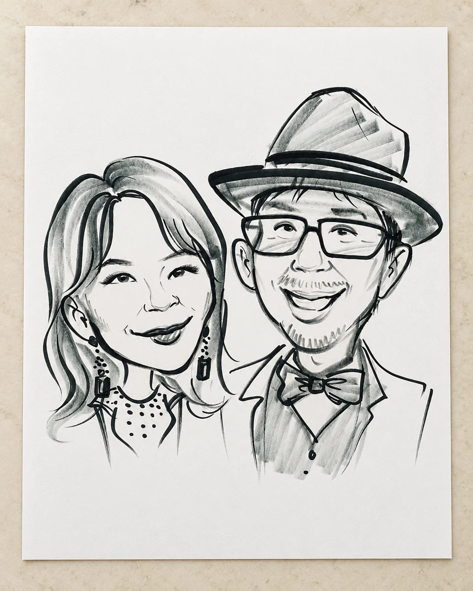 Black-and-white hand-drawn couple portrait with a hat and glasses