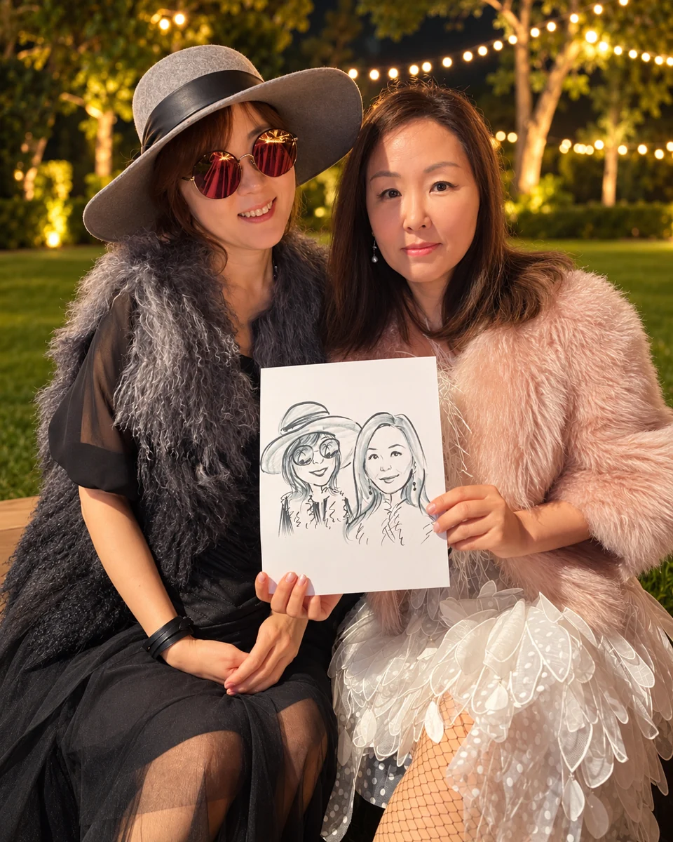 Two guests holding their black-and-white portrait on paper