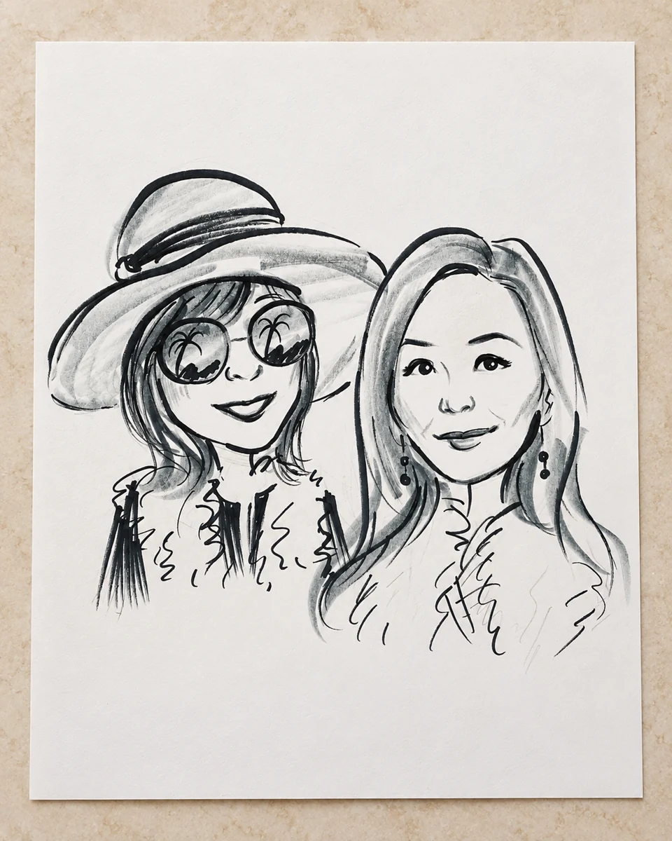 Black-and-white hand-drawn portrait of two women on paper
