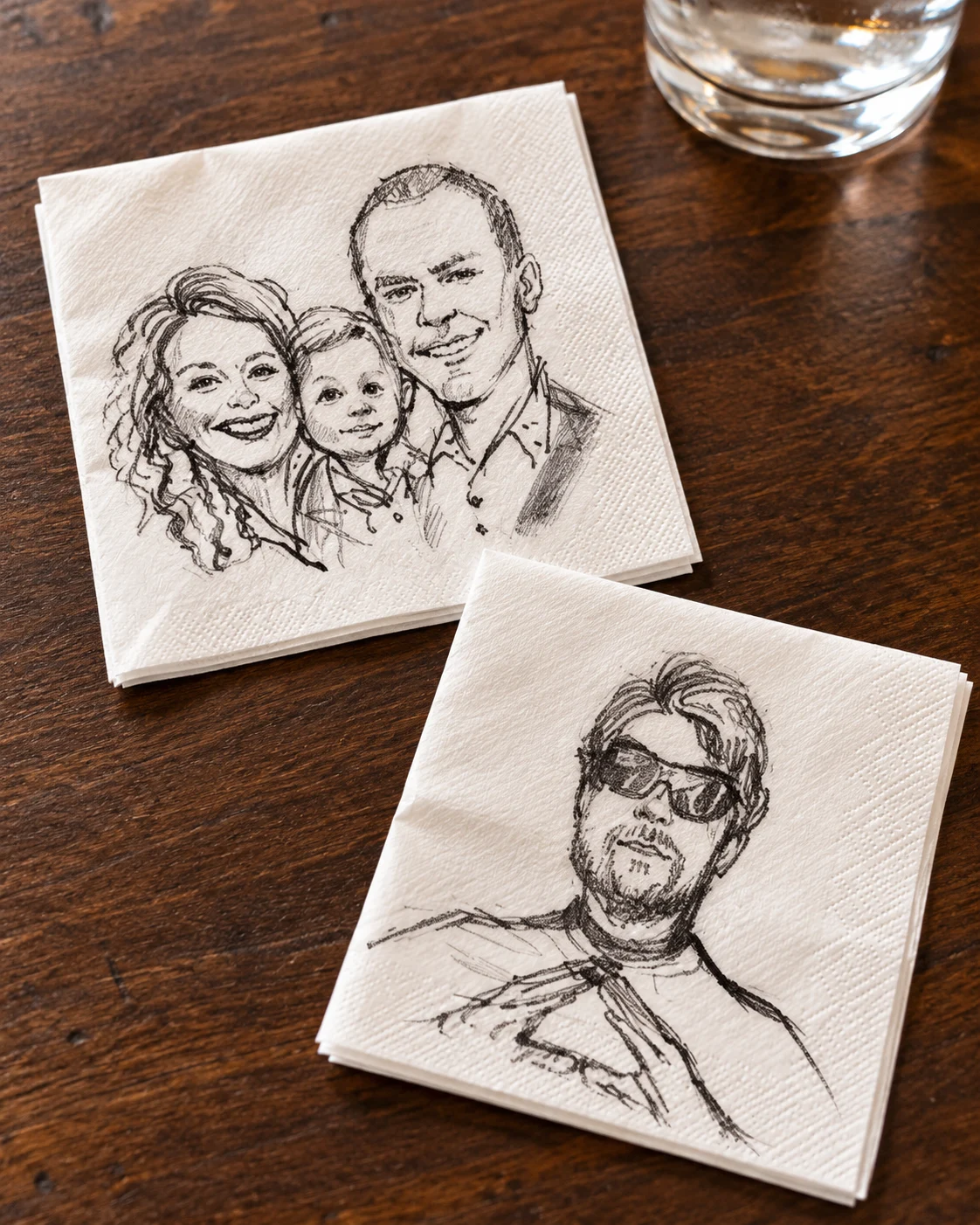 Hand-drawn guest portraits on white cocktail napkins