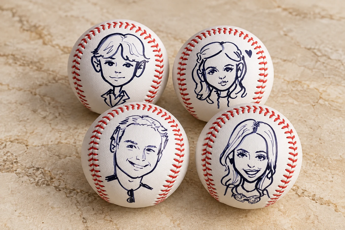 Four baseballs decorated with hand-drawn guest portraits