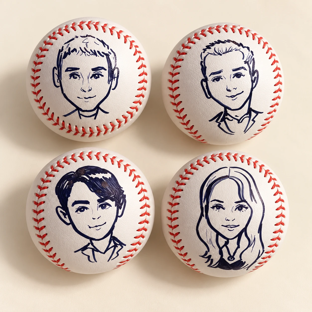 Black-and-white caricature portraits drawn on four baseballs