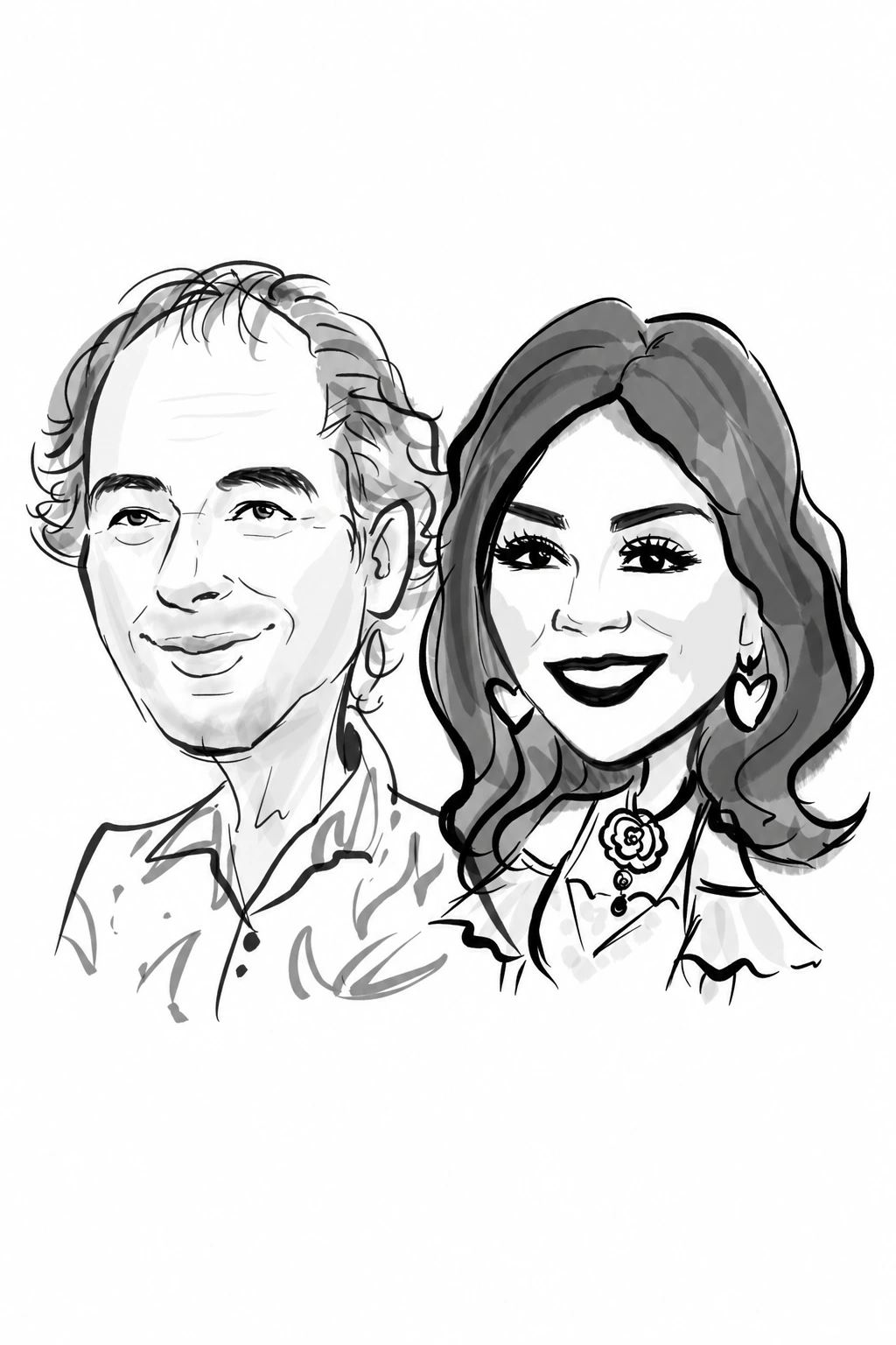 Black-and-white digital portrait of a smiling couple