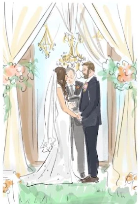 Digital fashion illustration of a wedding couple exchanging vows beneath a floral ceremony canopy