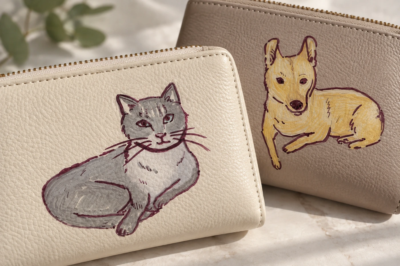 Cat and dog portraits hand-painted on neutral leather accessories