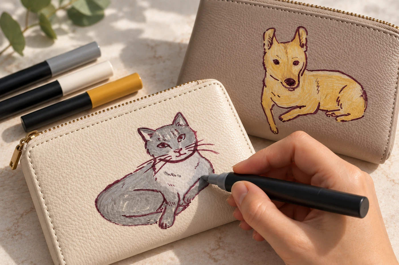 Artist drawing a cat portrait on a leather pouch with a paint marker