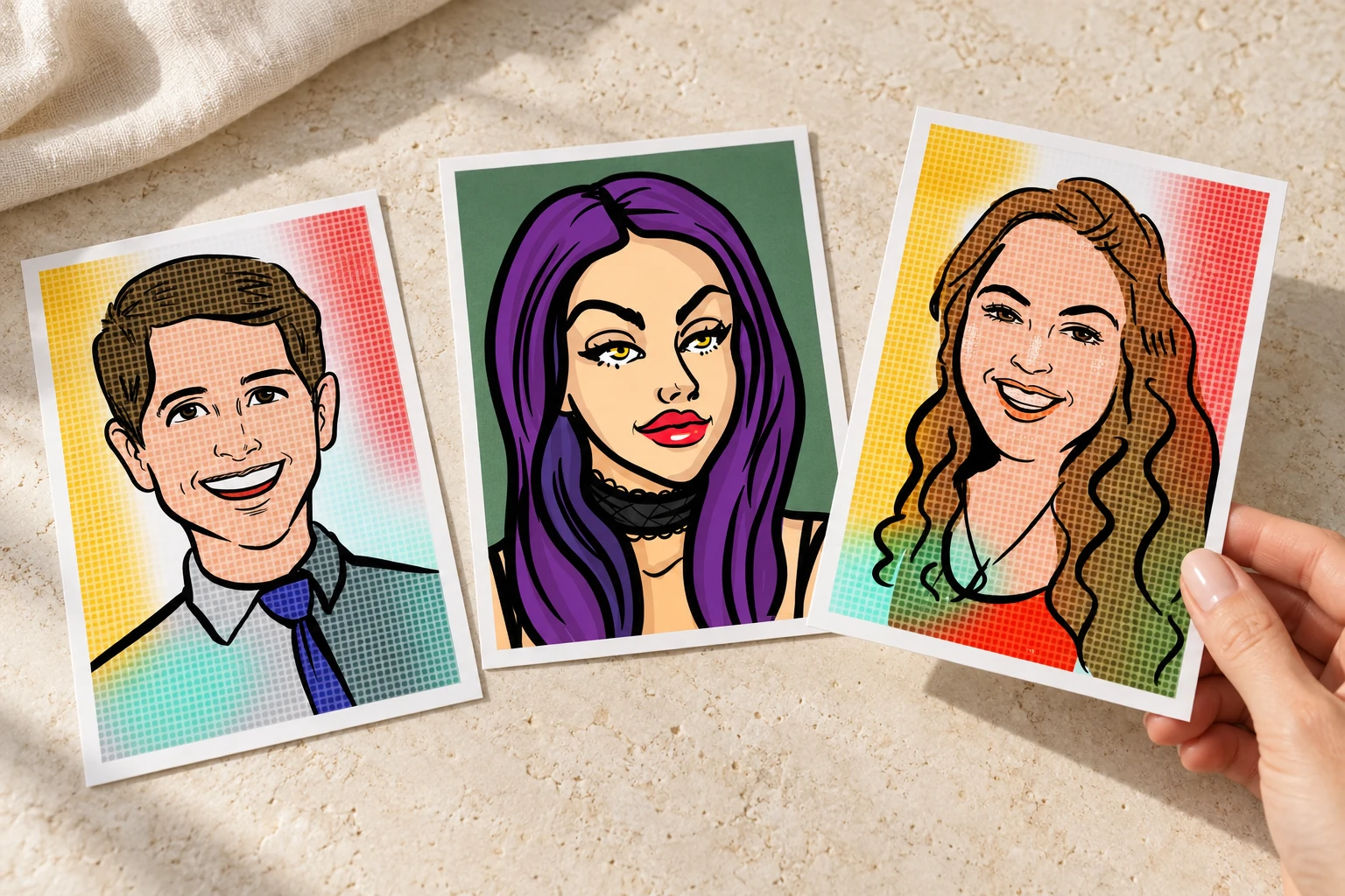 Three colorful digital pop art portrait samples