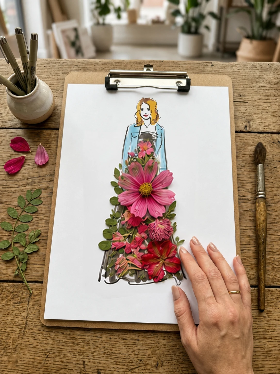 Fashion portrait with real pink and red flowers arranged into a dimensional dress