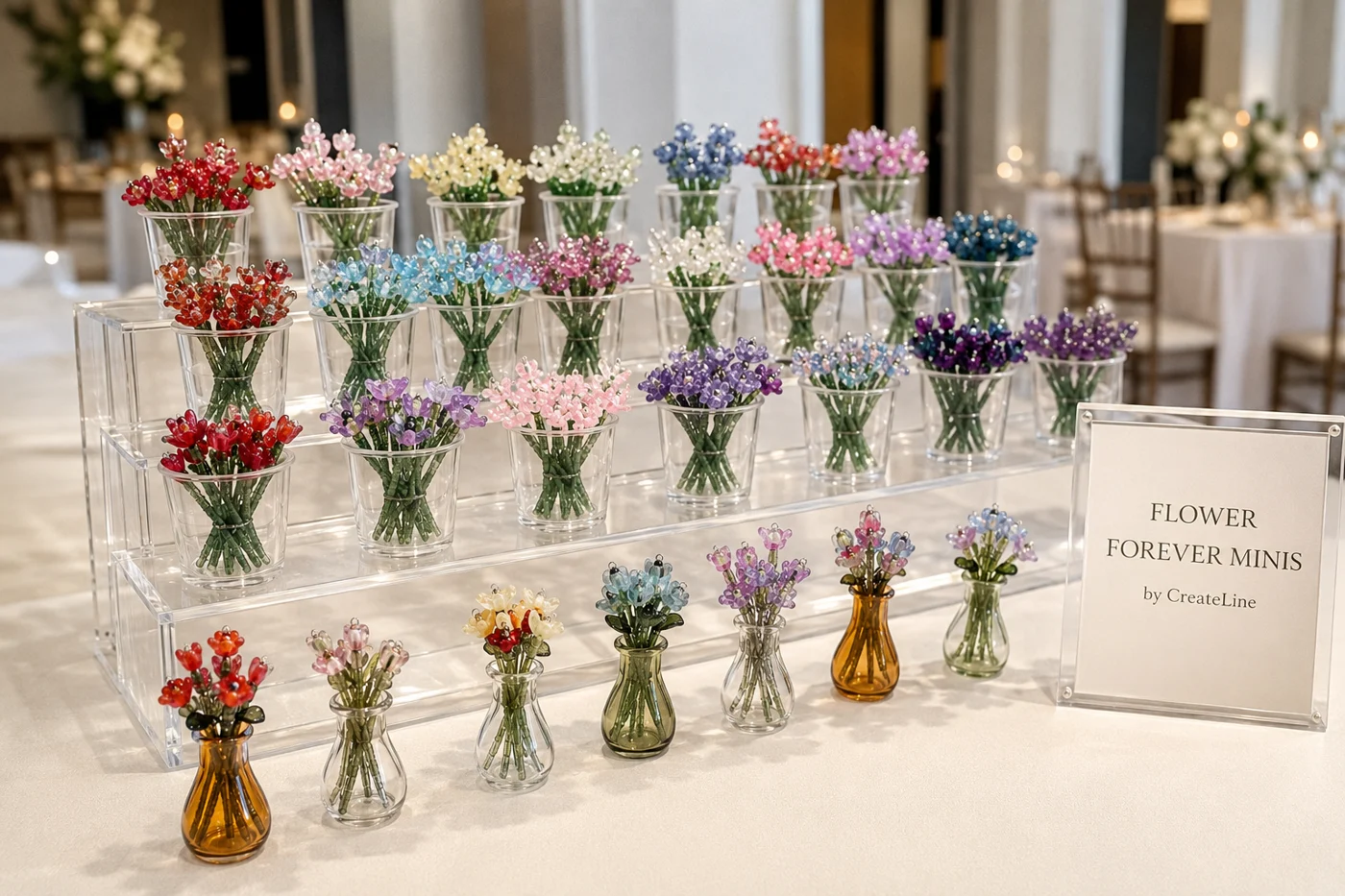 Beaded flowers arranged in cups for guests to choose