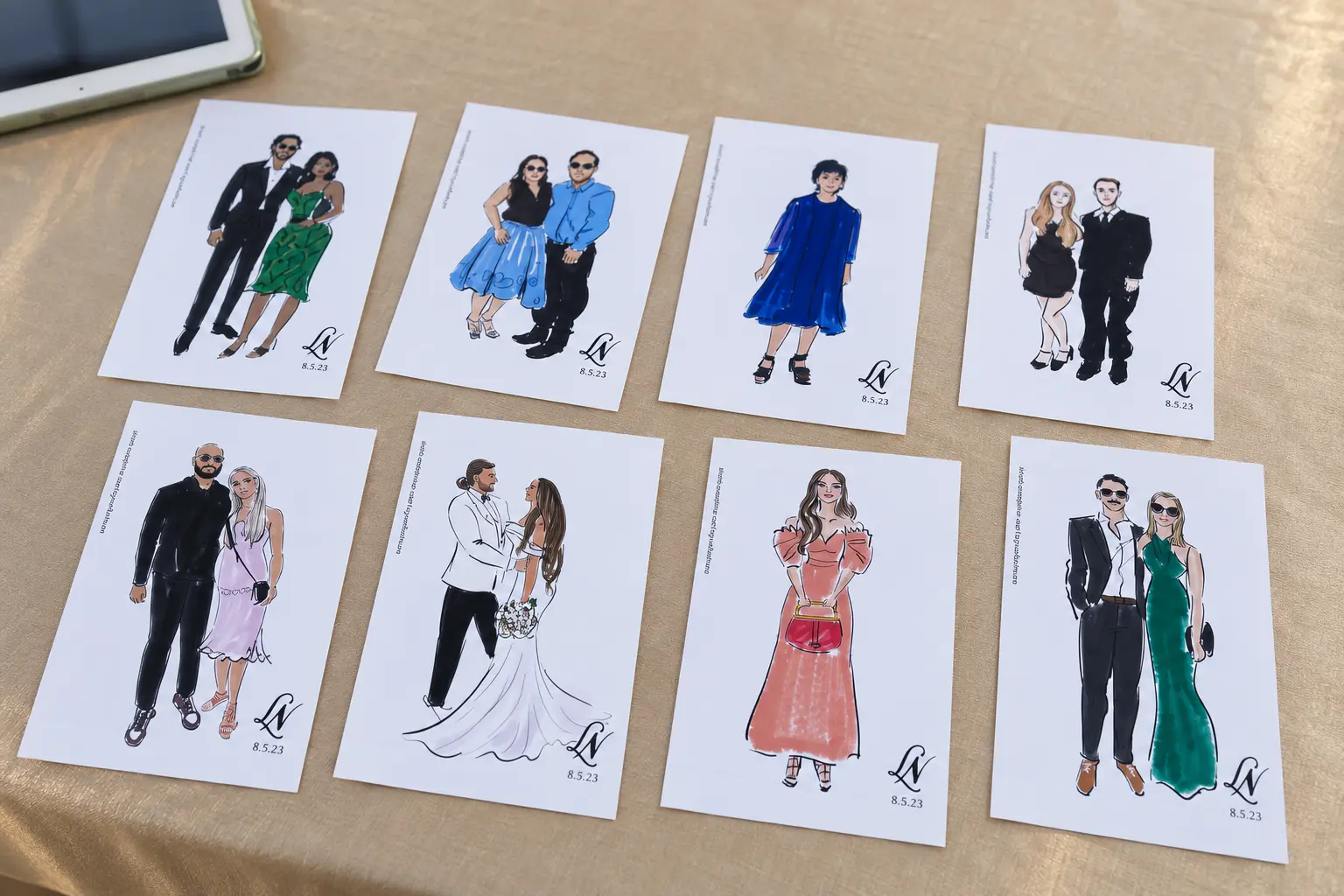 Finished digital fashion sketches printed for guests to take home