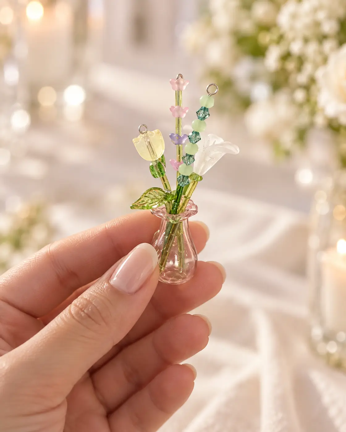 A tiny beaded flower bouquet in a miniature vase