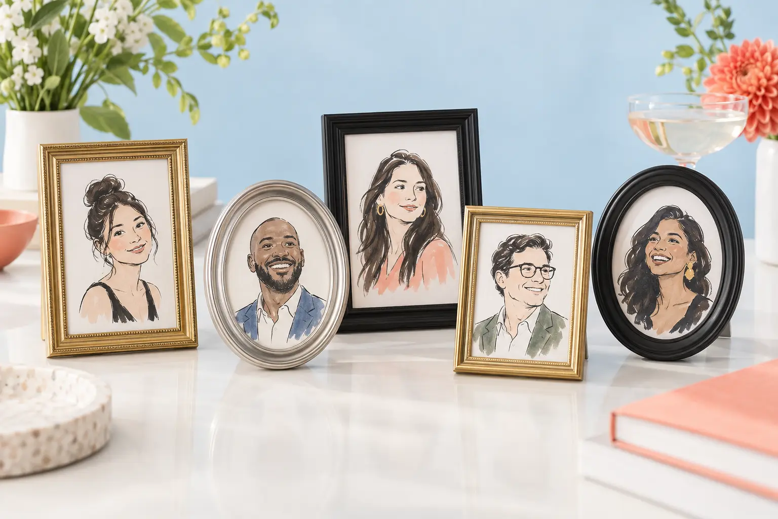 Portraits in simple black, silver and gold miniature frames