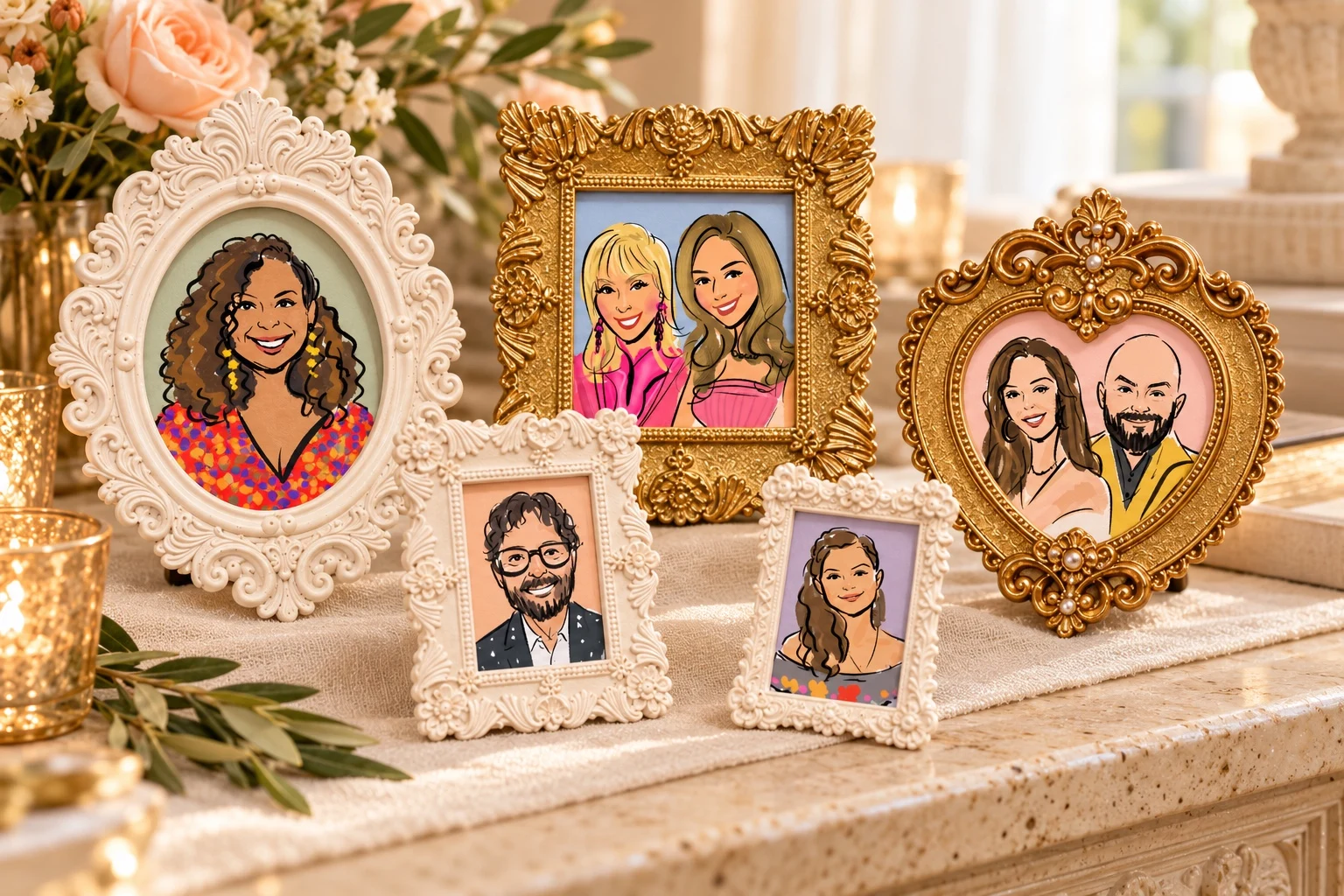 Guest portraits in ornate gold and ivory miniature frames