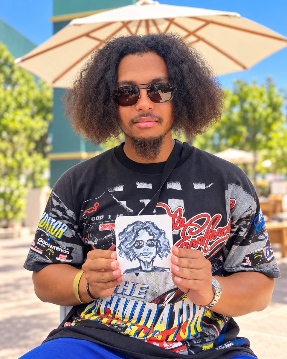 Guest wearing sunglasses holding his portrait coaster