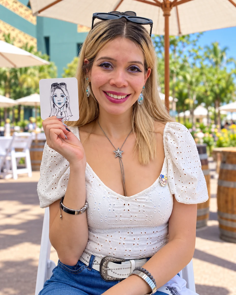 Guest in white holding her portrait coaster