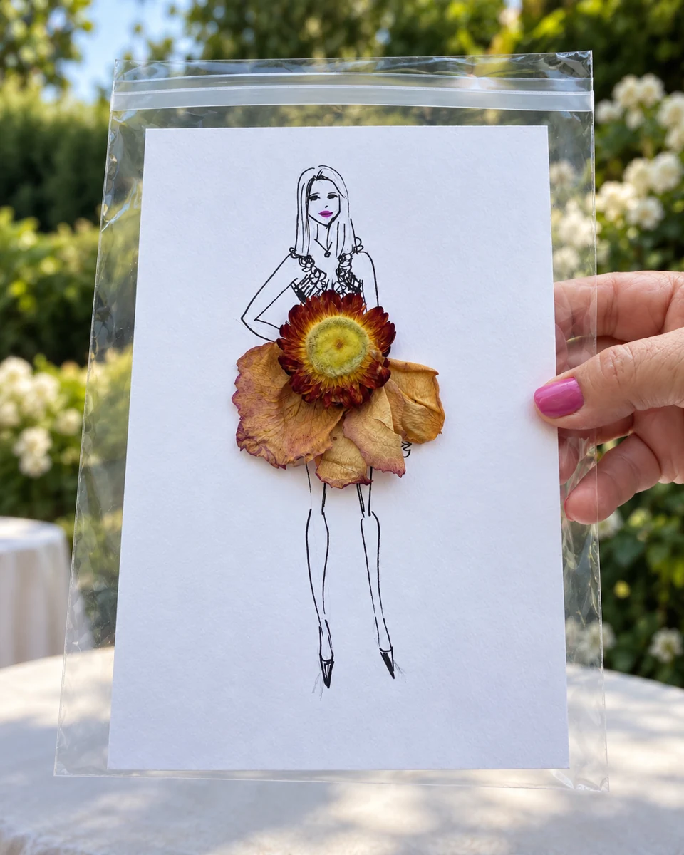 Fashion portrait with a dress made from pressed flowers