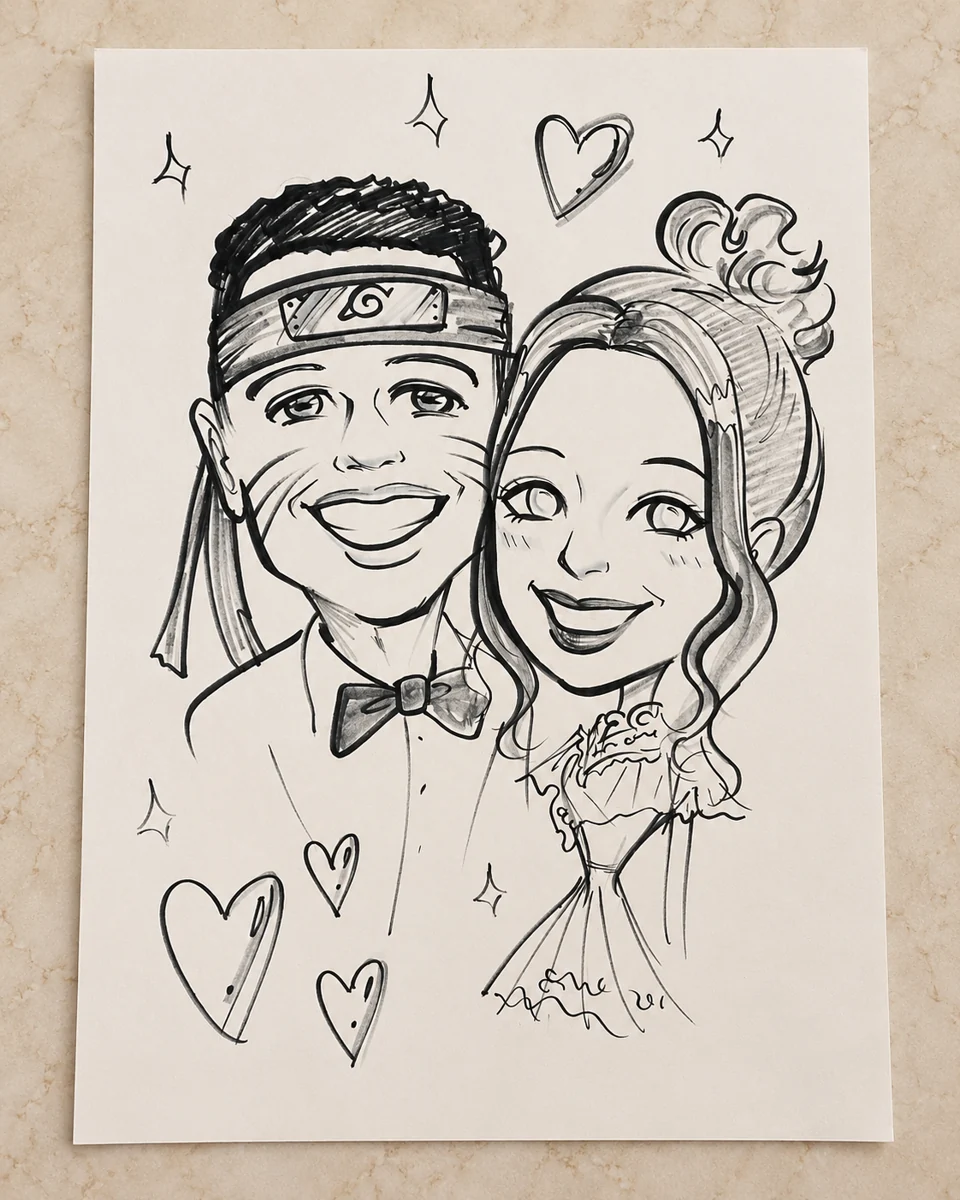 Hand-drawn anime-style couple caricature on paper
