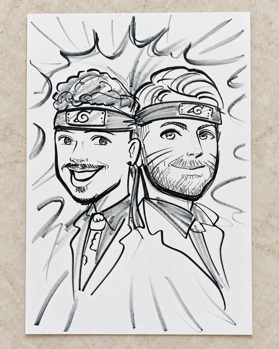 Hand-drawn anime-style caricature of two friends on paper