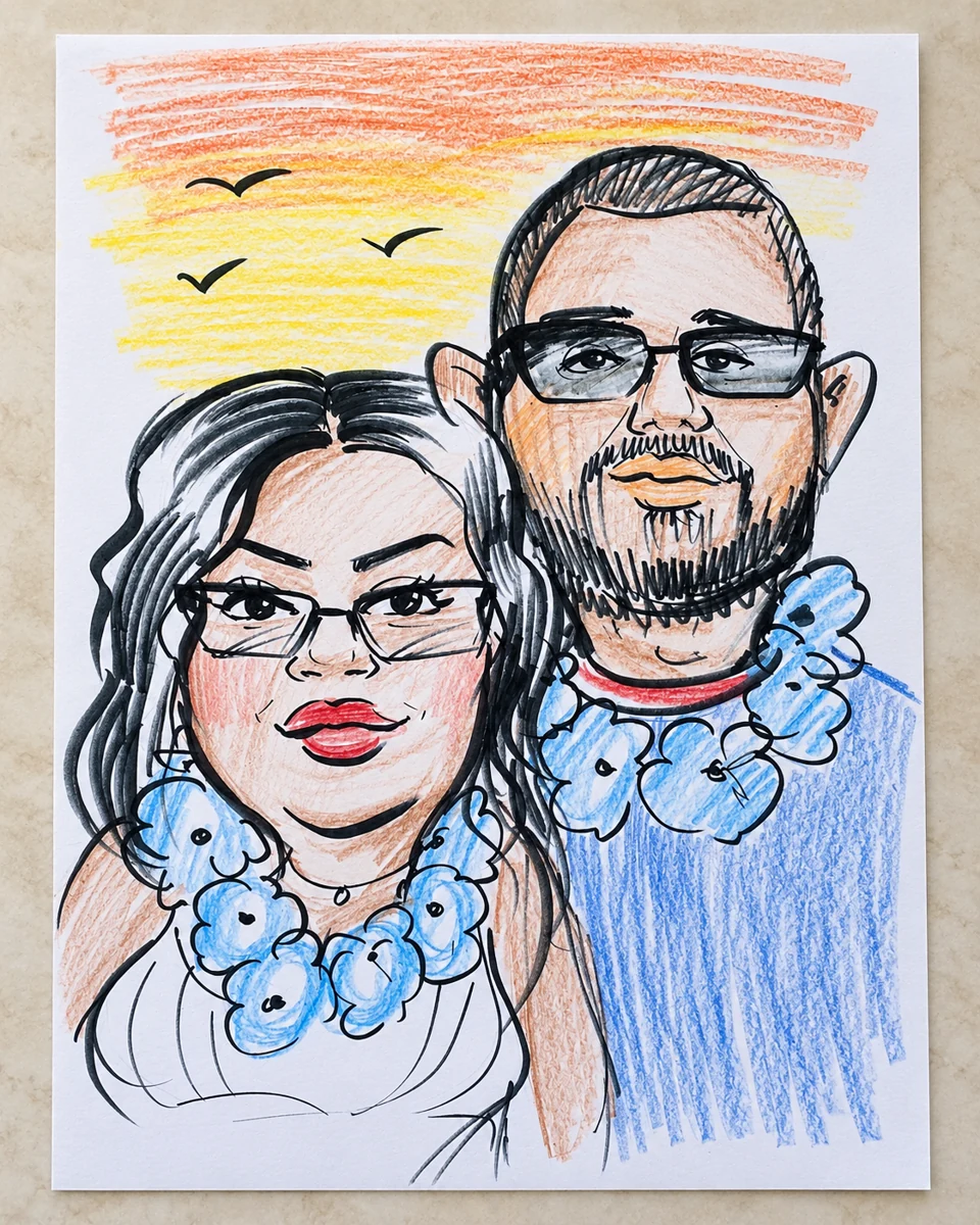 Color caricature on paper of a couple wearing blue leis