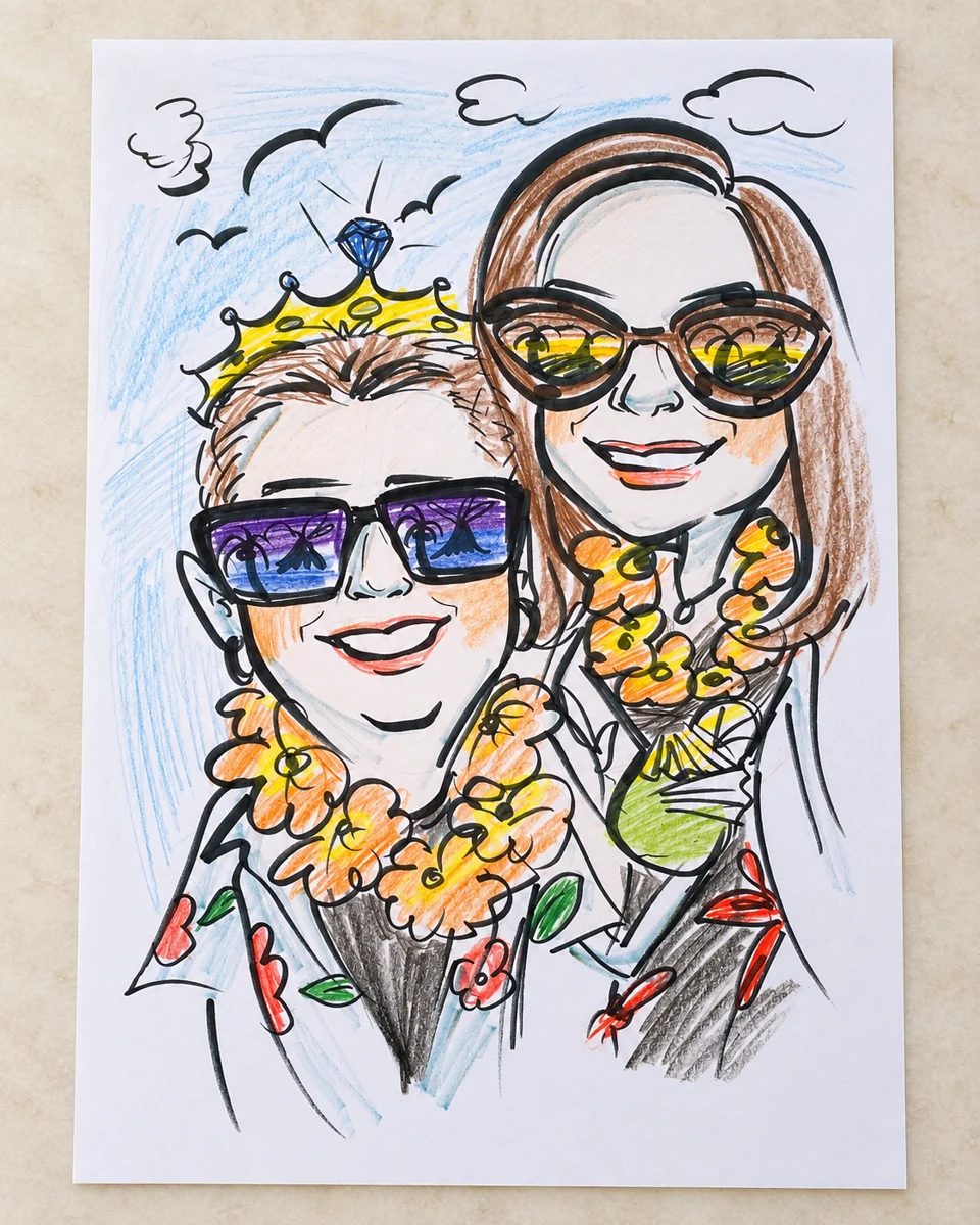 Color caricature on paper of two guests in sunglasses and leis