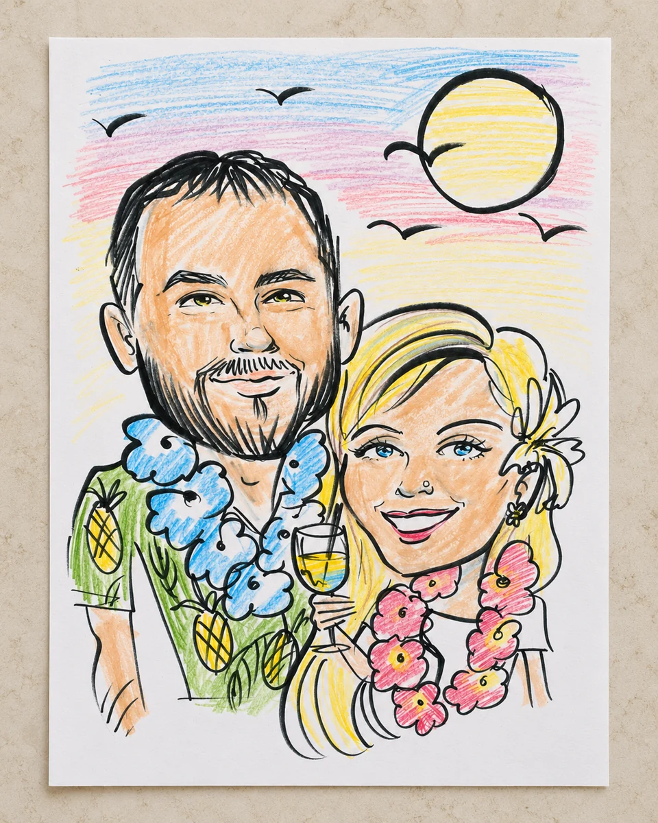 Color couple caricature on paper with a sunset background