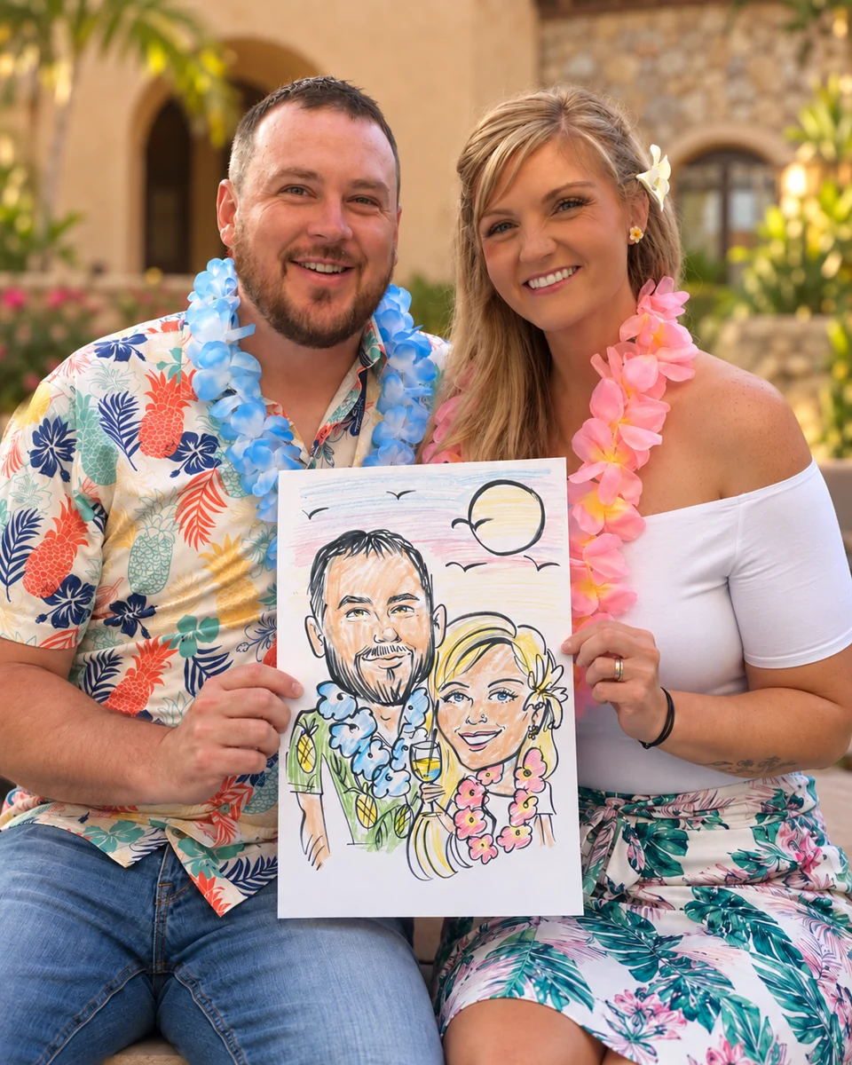 Couple holding their color caricature at a tropical-themed event