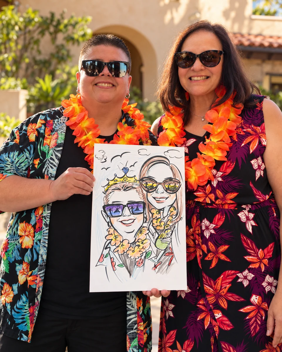 Two guests holding their colorful hand-drawn caricature