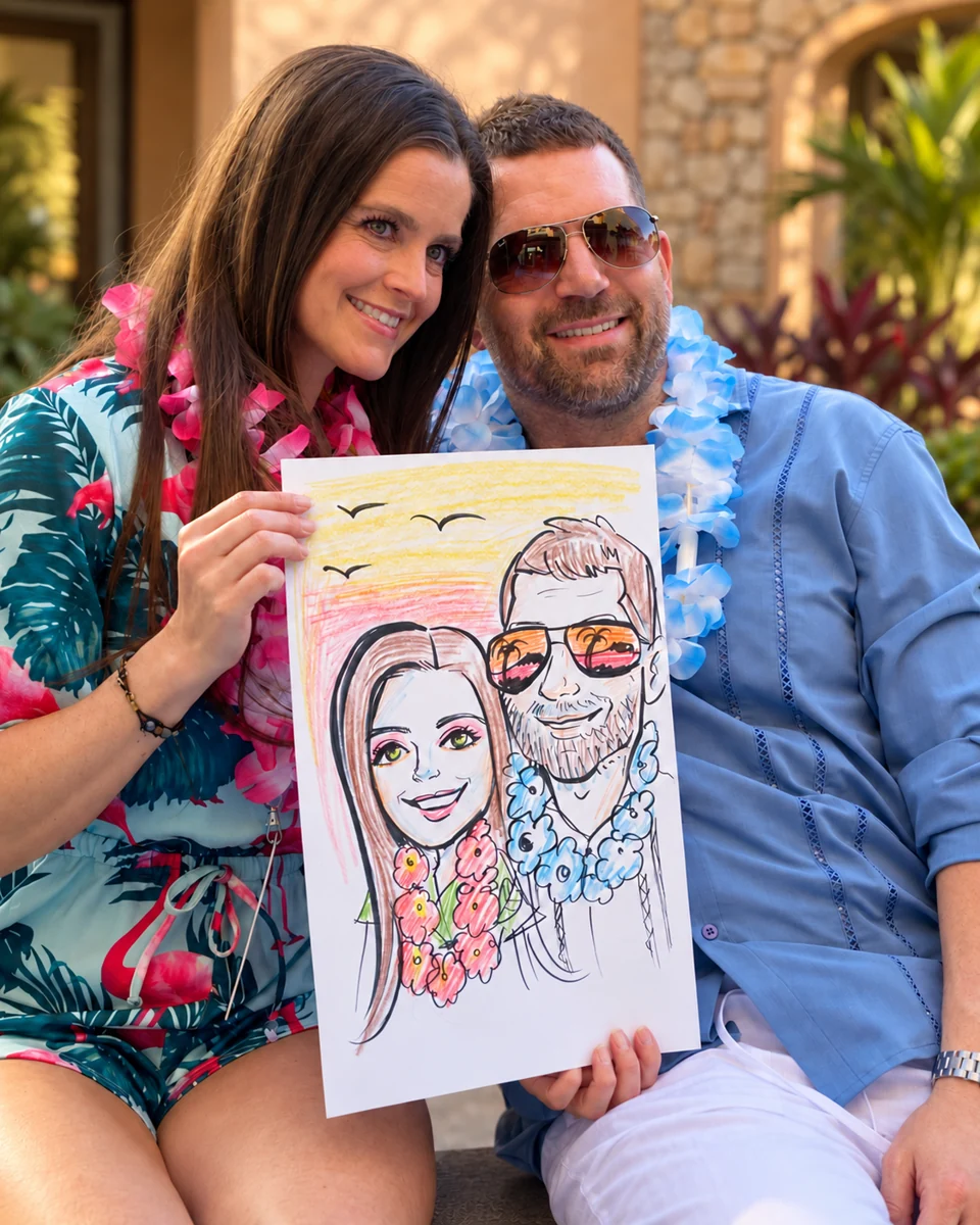 Guests holding a color couple caricature with a sunset background