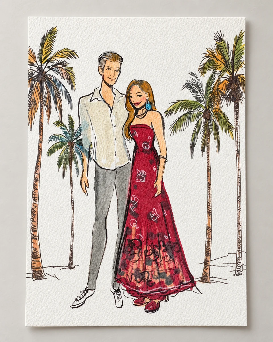Traditional color fashion sketch of a couple with palm trees