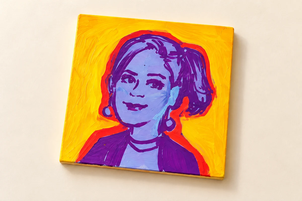 Purple pop art portrait on a bright yellow tile