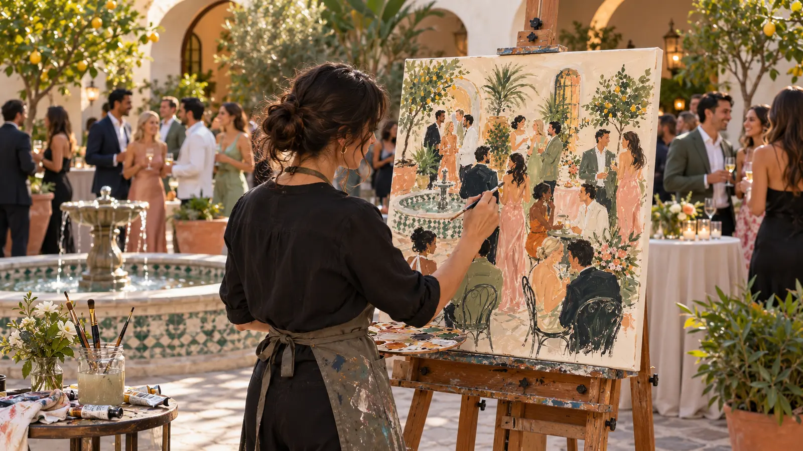 Live painting of guests gathered in an outdoor courtyard