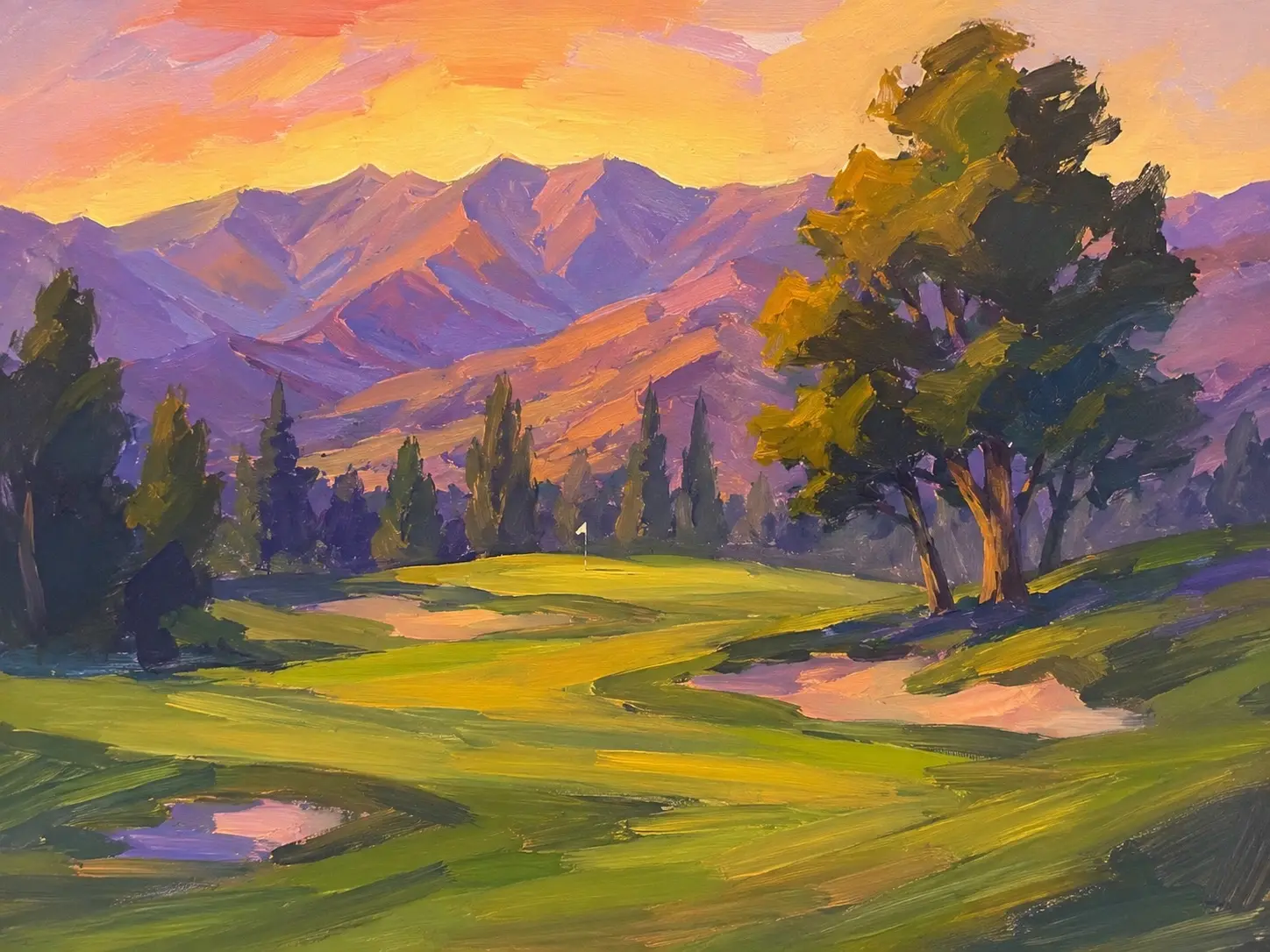 Original CreateLine acrylic painting of a golf course at sunset with green fairways and purple mountains