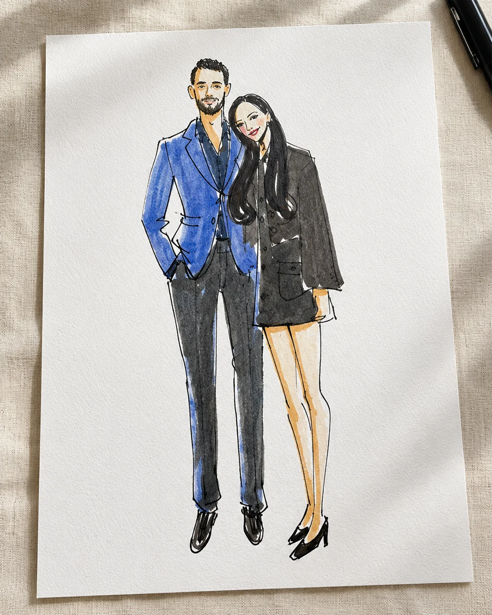 Watercolor and ink portrait of a couple on textured paper