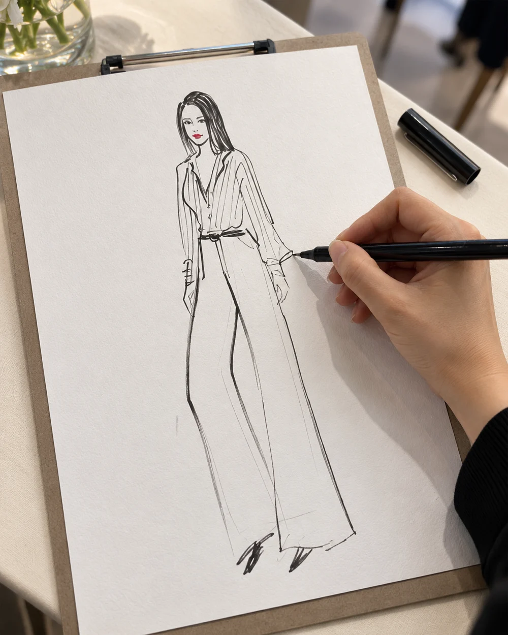 Ink fashion sketch drawn on paper at the artist’s table