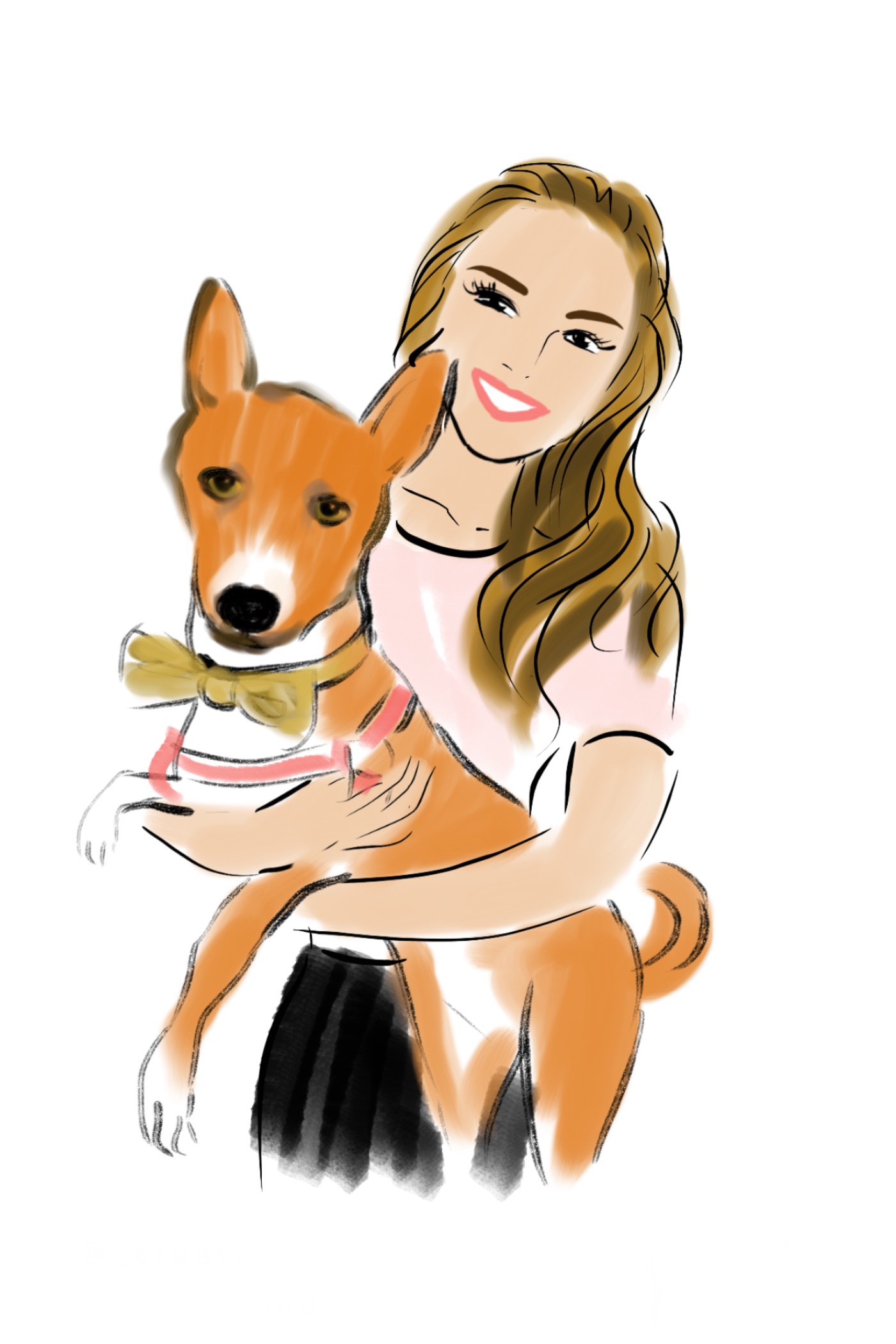 Original digital sketch of a woman with an orange dog wearing a bow tie