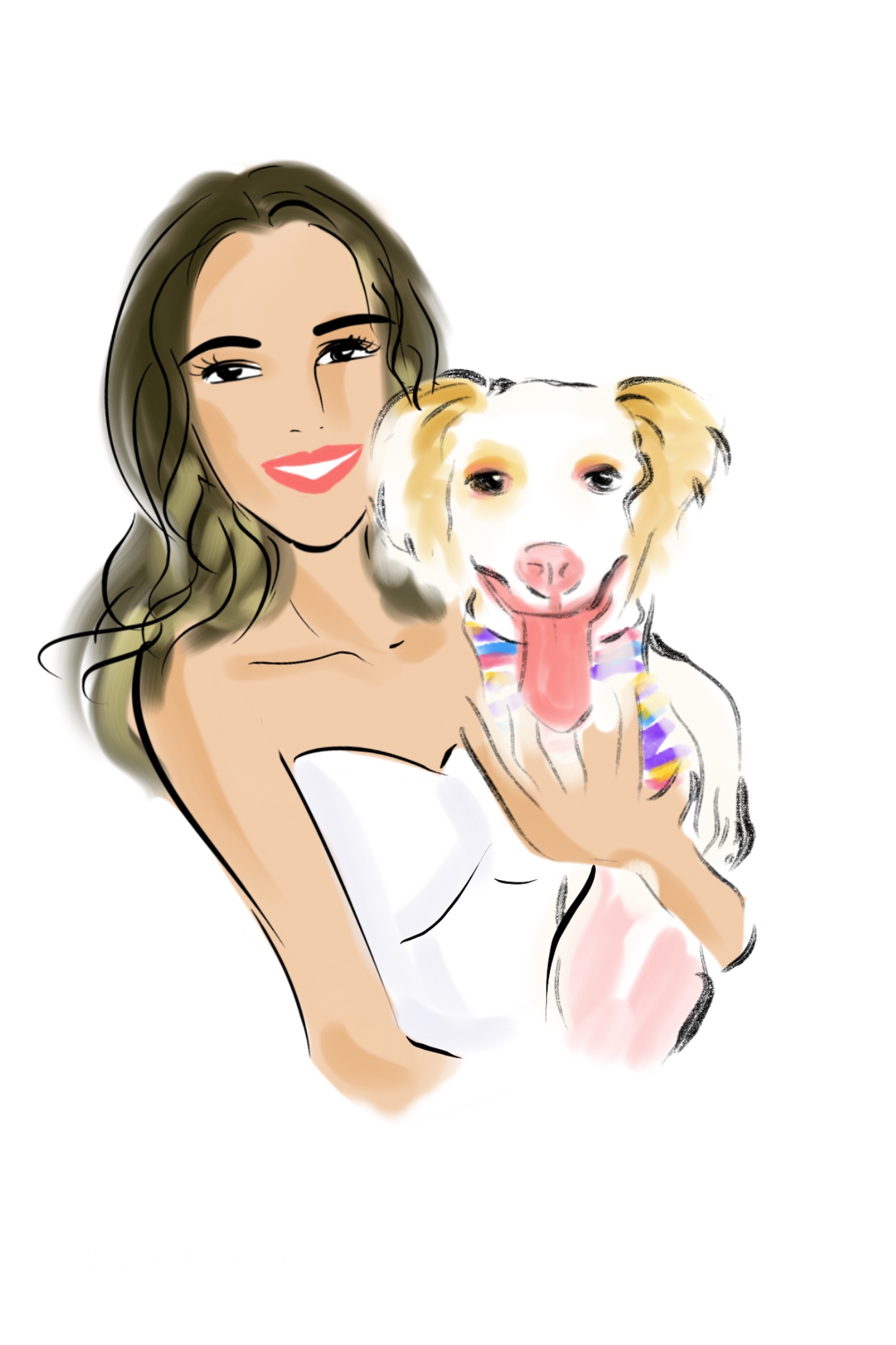 Original digital sketch of a woman holding a small white and tan dog