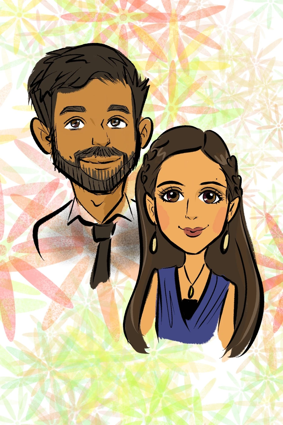 Anime-inspired digital portrait of a bearded man and a woman in blue