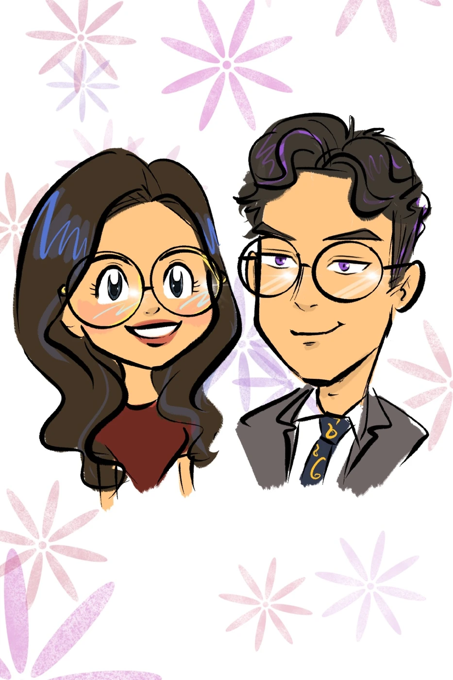 Anime-inspired digital portrait of a couple wearing glasses